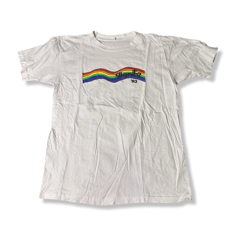 Vintage Dignity 90s Rainbow Graphic White T Shirt Size XL Made In USA
